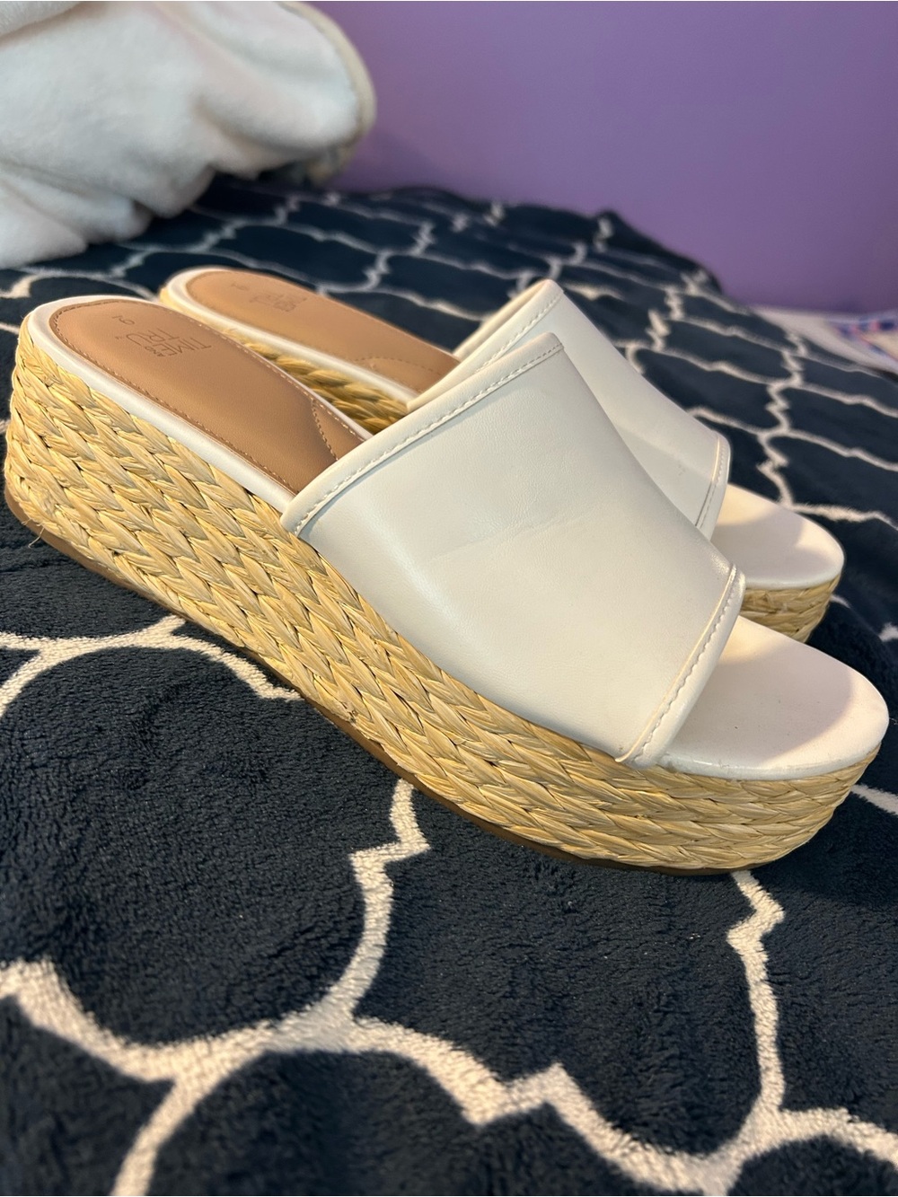 Time and Tru White Platform Slide Wedges with Braided Espadrille Sole